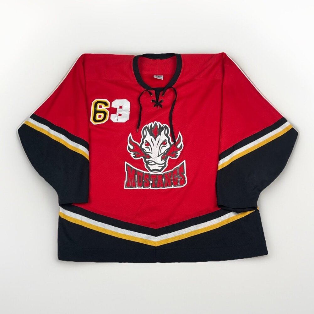 Vintage Y2K CCM Mustangs Hockey Jersey Size Red Horse Flames Men XXL #63 *Read*